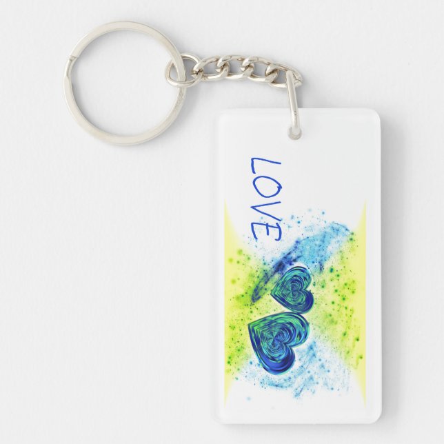 Double Hearts Blue LOVE Typography  Key Ring (Front)