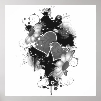 Double Hearts & Daisies - Grey B&W Poster