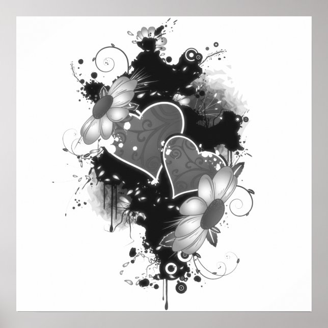 Double Hearts & Daisies - Grey B&W Poster (Front)