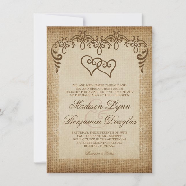 Double Hearts Rustic Burlap Wedding Invitations (Front)