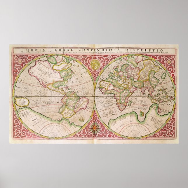 Double Hemisphere World Map, 1587 Poster (Front)