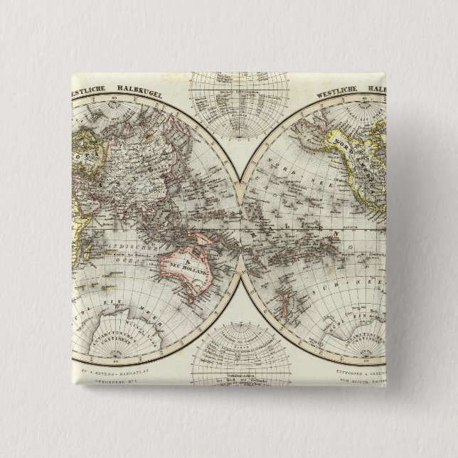 Double Hemisphere World Map 15 Cm Square Badge (Front)