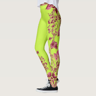 Double Hibiscus Pink on Lime  Leggings