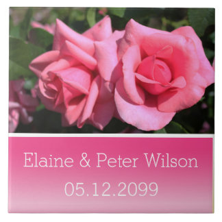 Double hot pink rose flowers wedding anniversary tile