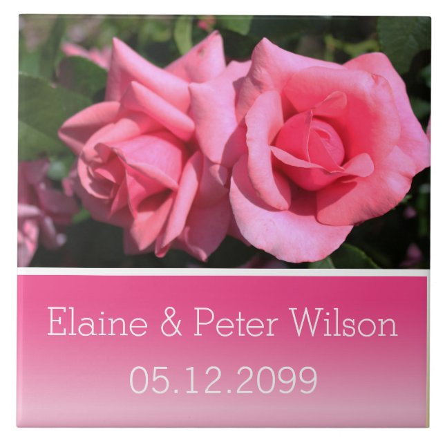 Double hot pink rose flowers wedding anniversary tile (Front)