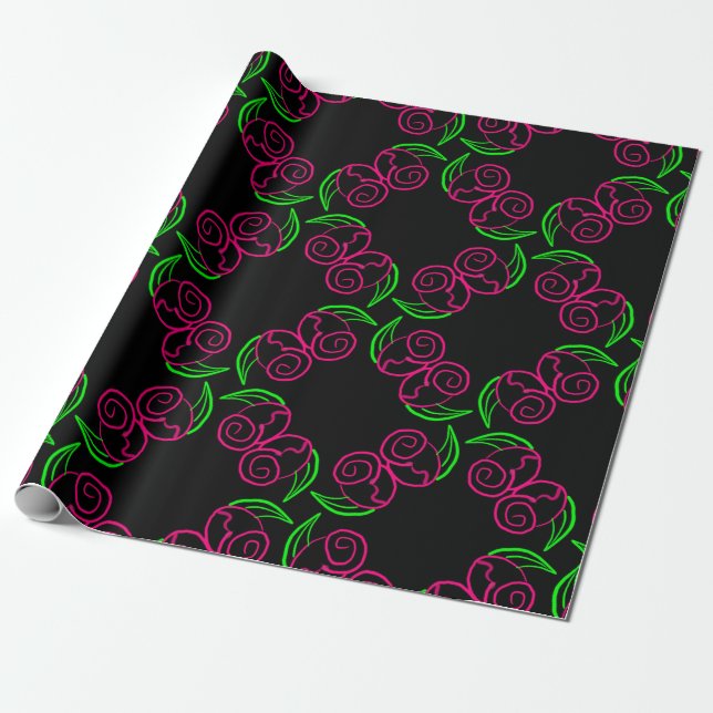 Double Hot Pink Rose Pattern Wrapping Paper (Unrolled)