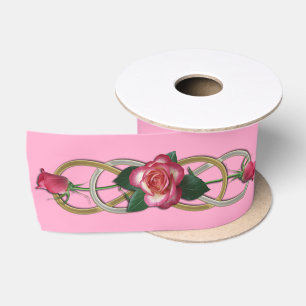 Double Infinity Silver Gold Roses + your backgr. Satin Ribbon