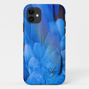 Double initials monogrammed blue feather wing bird iPhone 11 case