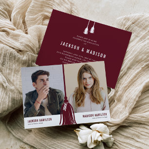 Double Joint Graduation Burgundy Tassel Party Invitation