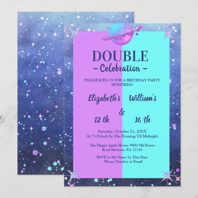 Double  Joint twin space birthday   Boy Girl Invitation (Front/Back)