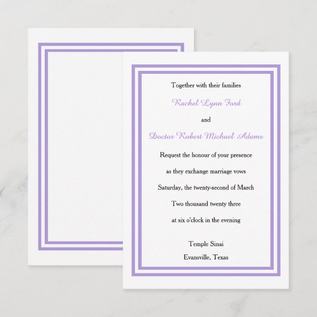 Double Lavender Trim - 3x5 Wedding Invitation (Front/Back)