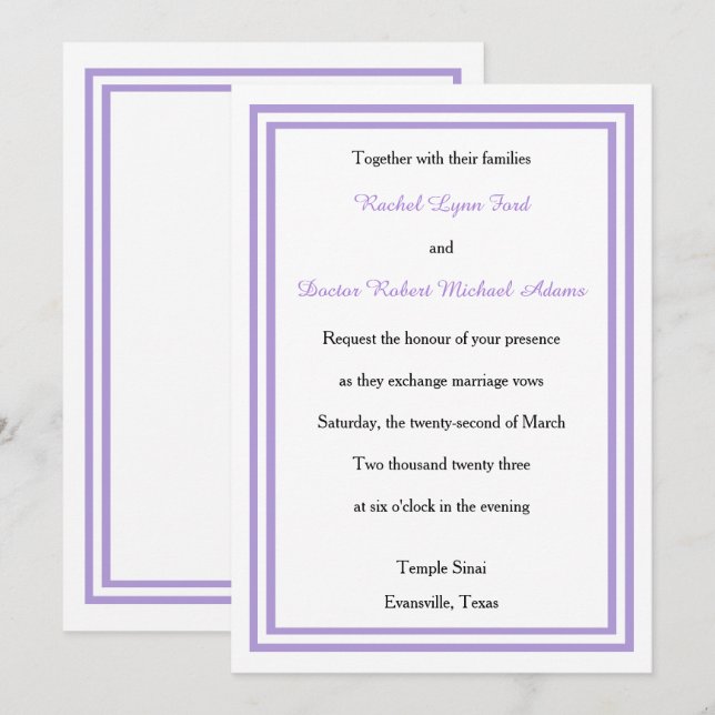 Double Lavender Trim -5x7Wedding Invitation (Front/Back)