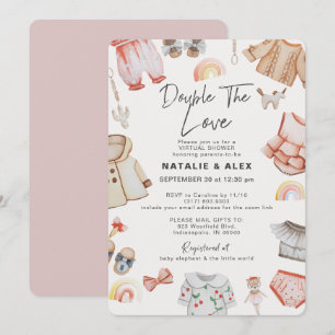 Double Love Girl Twins Pink Virtual Baby Shower Invitation