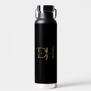 Double Monogram Black Gold Initials Elegant Custom Water Bottle