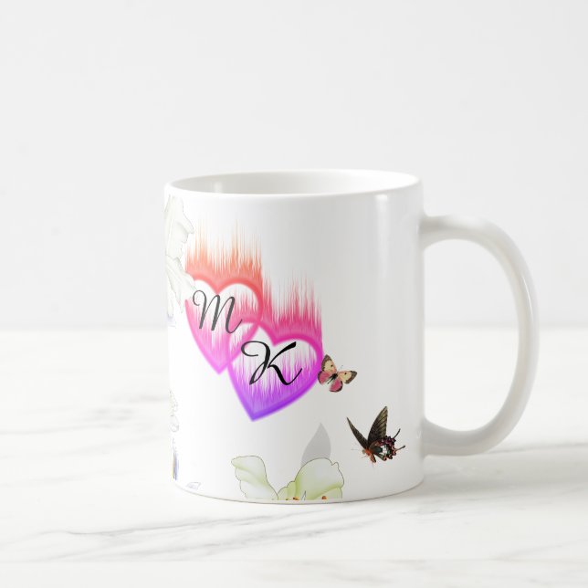 Double Monogram Flaming Hearts with Flowers Coffee Mug (Right)