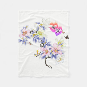 Double Monogram Flaming Hearts with Flowers Fleece Blanket