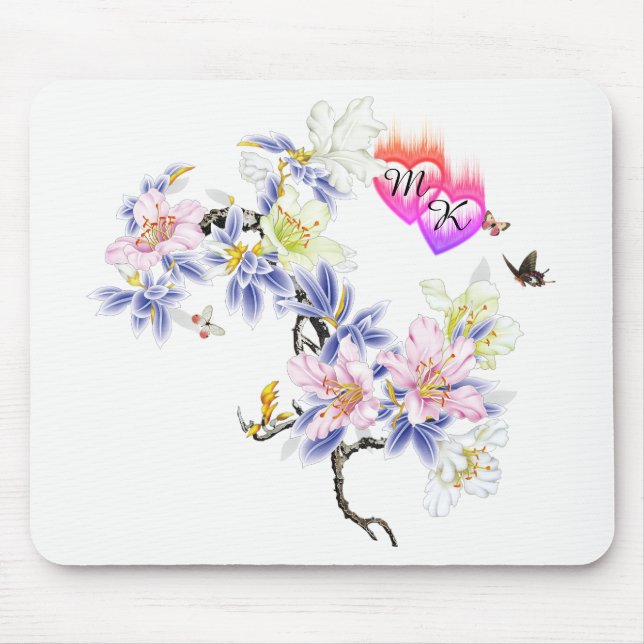 Double Monogram Flaming Hearts with Flowers Mouse Mat (Front)