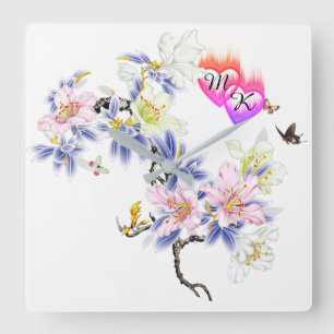 Double Monogram Flaming Hearts with Flowers Square Wall Clock