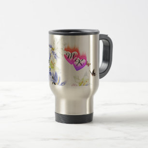 Double Monogram Flaming Hearts with Flowers Travel Mug