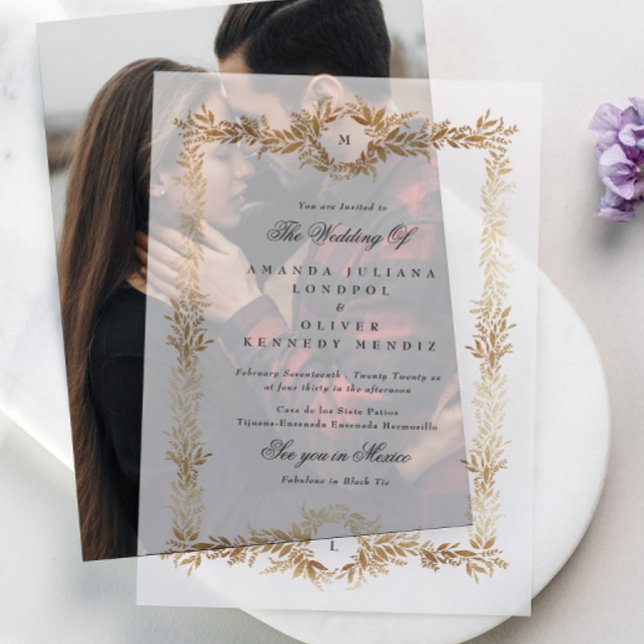 double monogram gold botanical frame wedding vellum invitations (Creator Uploaded)