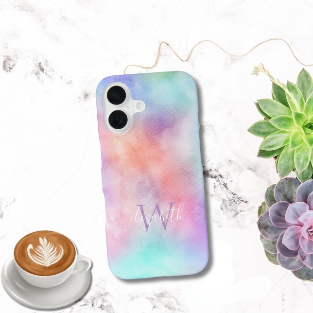 Double Monogram Name Initial Watercolor Pastel iPhone 16 Case (Double monogram Name and Initial, Pastel rainbow watercolor iPhone case. iPhone 16 15 14 13 12 11)