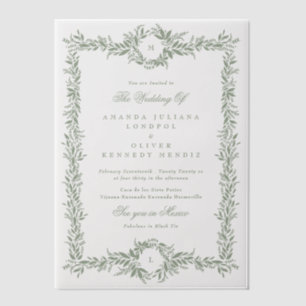 double monogram sage green leafy frame wedding vellum invitations