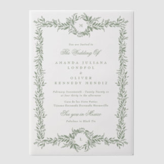 double monogram sage green leafy frame wedding vellum invitations