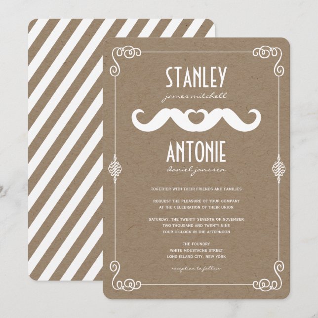 Double Moustaches Love Vintage Kraft Gay Wedding Invitation (Front/Back)