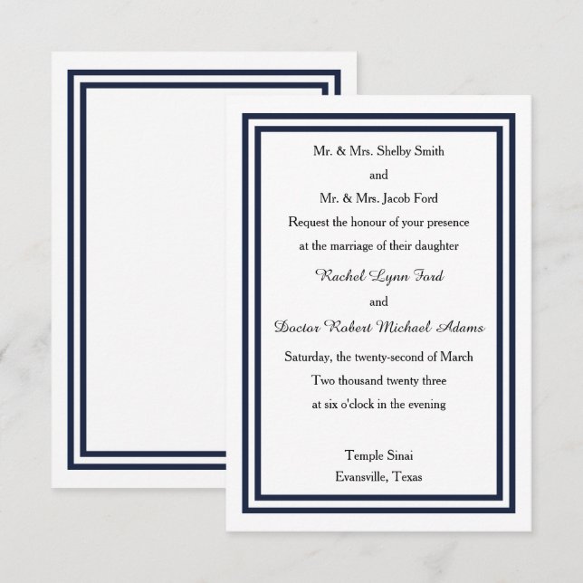 Double Navy Trim - 3x5 Wedding Invitation (Front/Back)