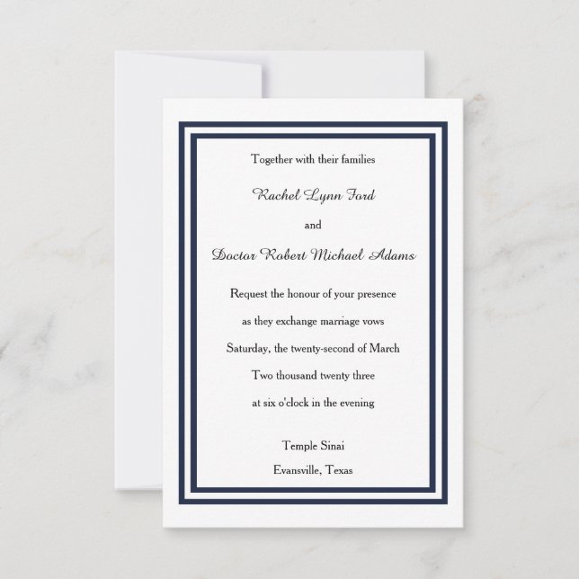 Double Navy Trim - 3x5 Wedding Invitation (Front)