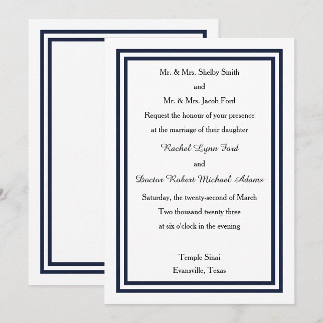 Double Navy Trim -  Wedding Invitation (Front/Back)
