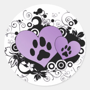 Double Paw Valentine Hearts - Purple Classic Round Sticker