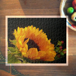 Double Petal Yellow Sunflower, Dark Background Jigsaw Puzzle