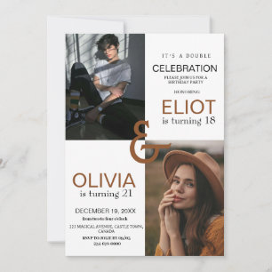 Double Photo Birthday Modern White black  Invitation