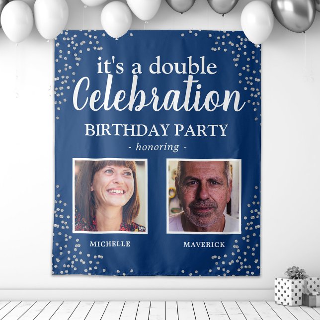Double Photo Blue Silver Birthday Banner Tapestry (Creator Uploaded)