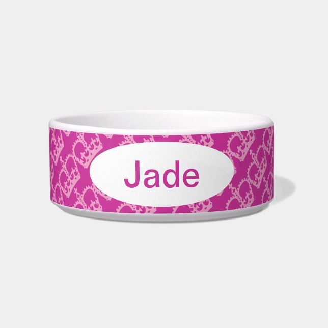 Double Pink Crowns Custom Name Pet Bowl (Front)