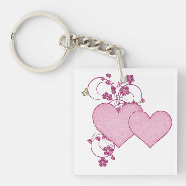 Double Pink Heart & Glitter D2 Valentine's Day Key Ring (Front)