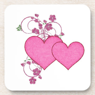 Double Pink Heart & Glitter Design Valentine's Day Coaster