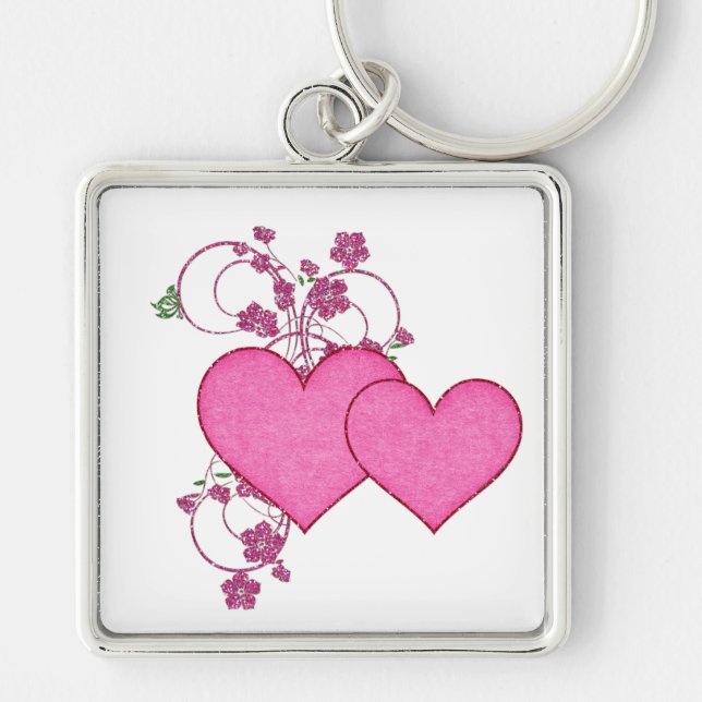 Double Pink Heart & Glitter Design Valentine's Day Key Ring (Front)