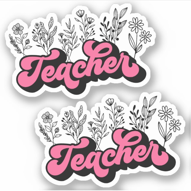 Double Pink Retro Teacher Wildflower Vinyl Sticker (Front)