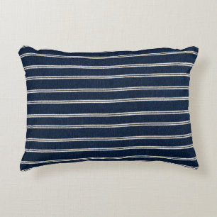 Double Pinstripes Navy Blue Ivory Weave Look Decorative Cushion