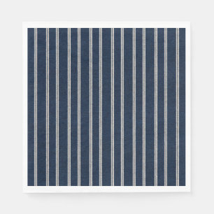 Double Pinstripes Navy Blue Ivory Weave Look Napkin