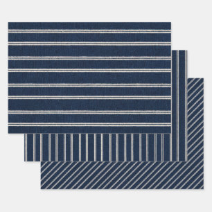 Double Pinstripes Navy Blue Ivory Weave Look Wrapping Paper Sheet