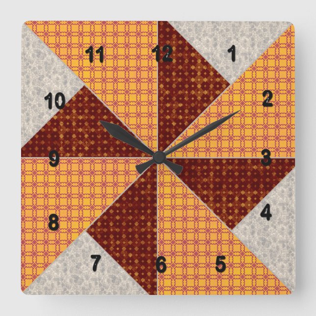 Double Pinwheel Gold Rust and Beige Quilt Square Wall Clock (Front)