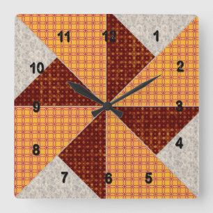 Double Pinwheel Gold Rust and Beige Quilt Square Wall Clock