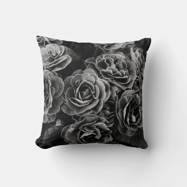Double Primula Flowers, Black and White Cushion (Front)