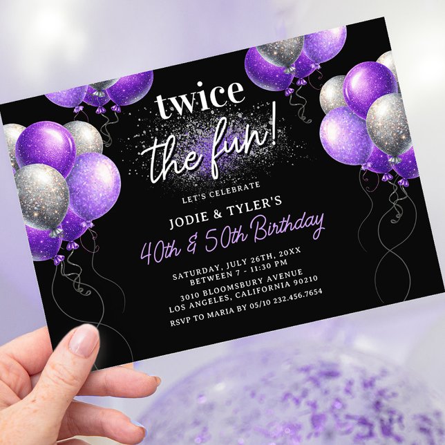 Double Purple and Silver Balloon Joint Birthday Invitation (Creator Uploaded)