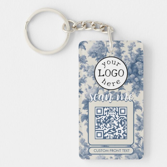 Double QR Code for Business Elegant Blue Toile Key Ring (Front)