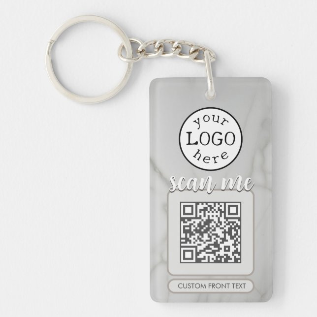 Double QR Code for Business Elegant White Marble Key Ring (Front)
