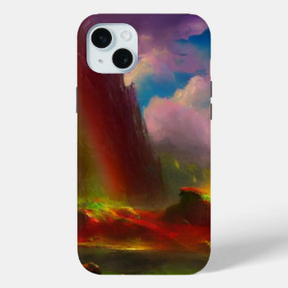 Double rainbow over dramatic cliffside iPhone 15 mini case